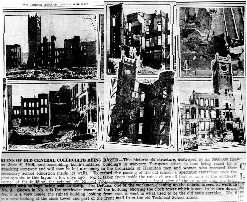 Clipping from the Hamilton Spectator describing the demolition of Central Collegiate with a collage of photos.