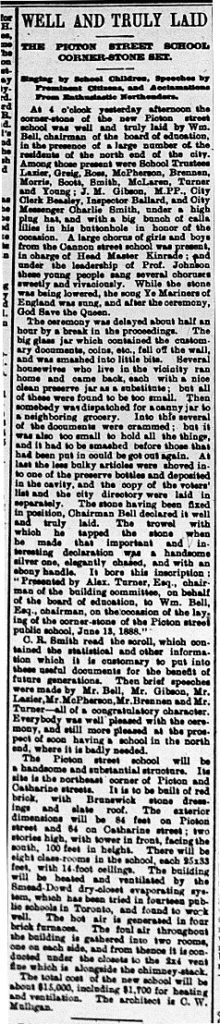 Newspaper clipping about the Picton School corner-stone being set.
