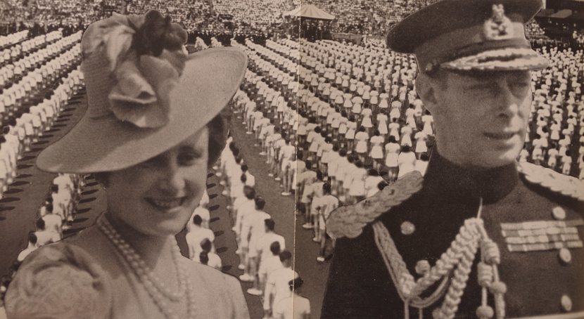 King George VI and Queen Elizabeth foreground with athletes and crowd in background of Royal visit report image.