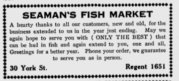 Seaman's fish market, 30 York St., ad thanking customers and wishes for the new year.