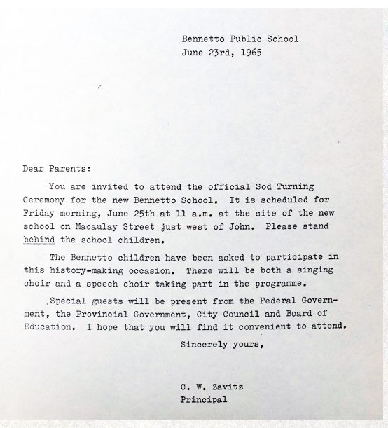 Letter to parents inviting them to attend the official Sod Turning Ceremony for the new Bennetto School.