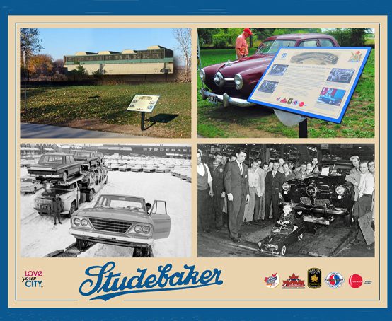 Studebaker sign with collage of images celebrating this Hamilton made car.