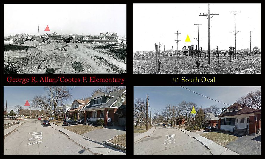 Series of photos showing areas of Westdale before construction and now as a neighbourhood.