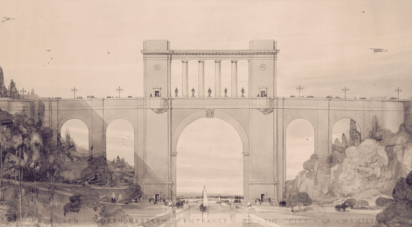 Classical viaduct bridge design with expansive arches, pillars and statuary by John Lyle.
