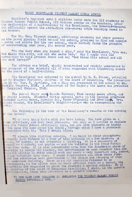 Vincent Massey Public School Official Opening Report.