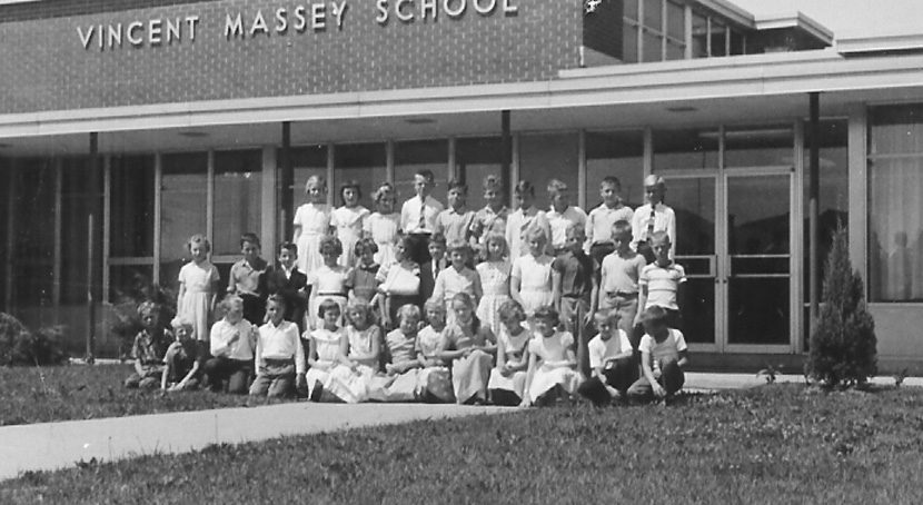 Thirty six Vincent Massey School students pose for class picture.