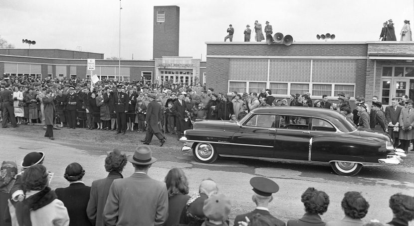 Viscount Montgomery Public School opening ceremonies with officials and members of the public.
