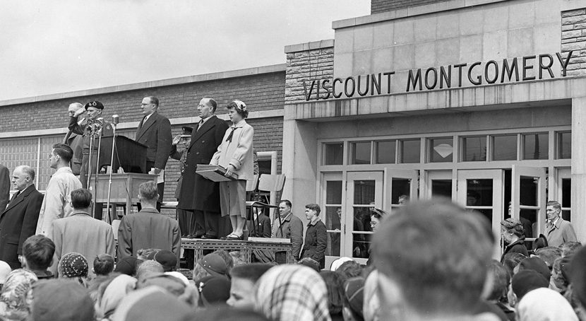 Viscount Montgomery Public School opening ceremonies with officials and members of the public.