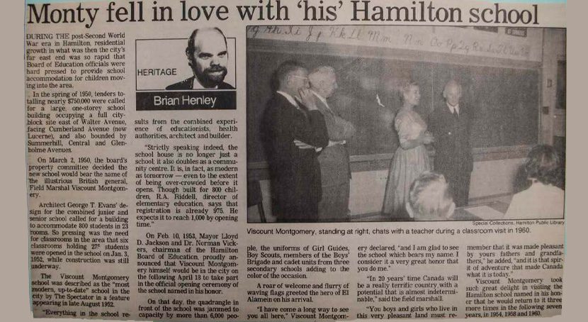 Clipping from the Hamilton Spectator, Viscount Montgomery visits his school, by Brian Henley.