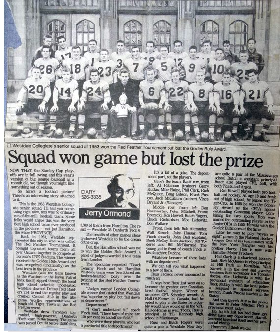 Clipping from the Hamilton Spectator about Westdale football team by Jerry Ormond.