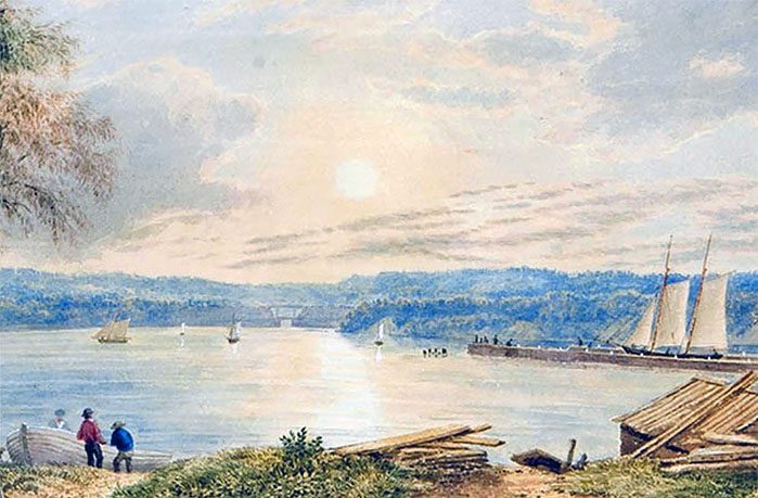 Painting of view over the bay showing boats, people, buildings.