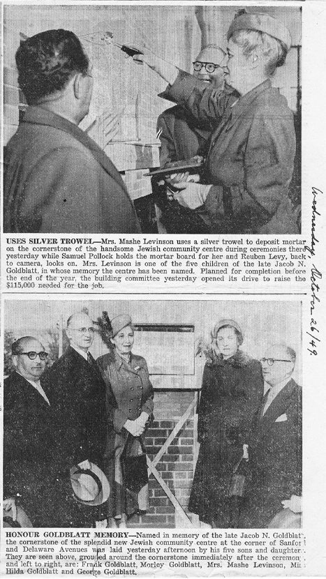 Jewish Community Centre, newspaper article cornerstone ceremony at 57 Delaware Ave. 1949.