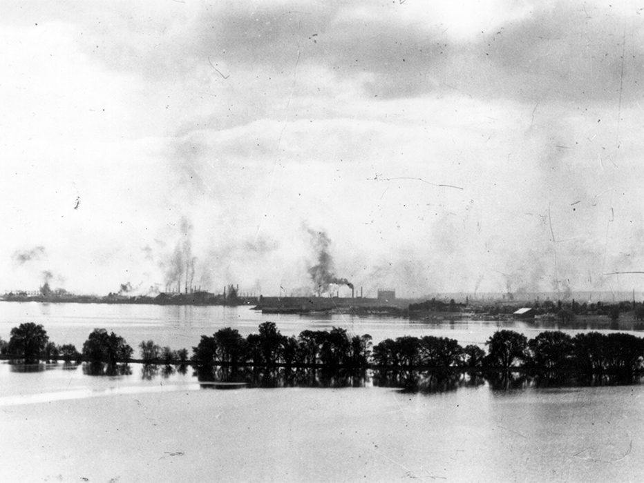 View over Carroll’s Point and across the bay showing belching smokestacks 1946.