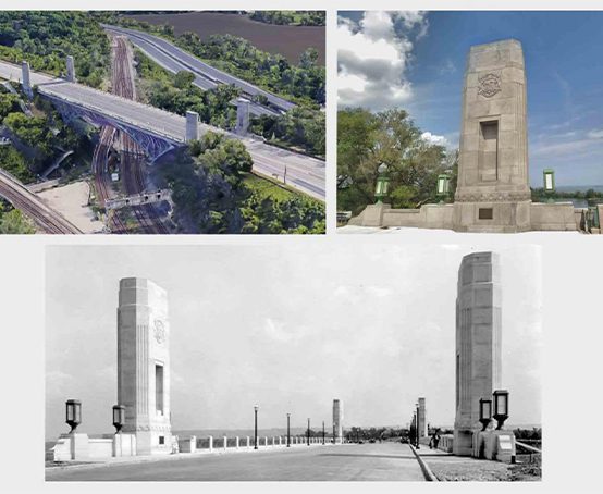 Multiple views of the Thomas B. McQuesten High Level Bridge and its statue niches.