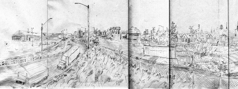 Hand-drawn image of the Industrial Overpass looking east, Brightside neighbourhood on right.