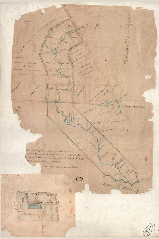A map with an drawn outline of a tract of land with adjacent parcels.