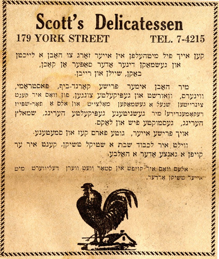 Scott's Delicatessen 179 York St., sign written in Yiddish with rooster graphic.