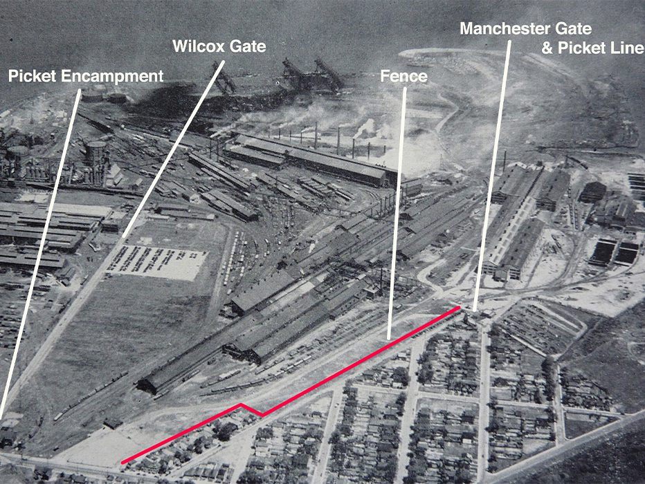 Aerial photo of Stelco and Brightside showing key areas during the strike.