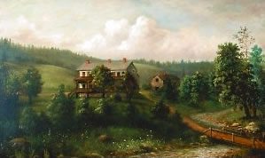 An idealized painted depiction of the Gage House and life in the countryside.