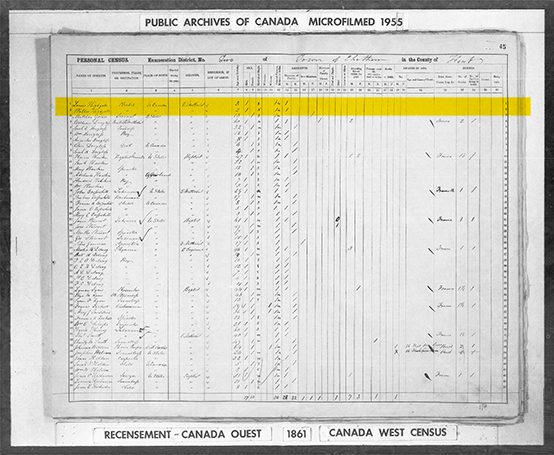 Town of Chatham Census of 1861 with highlighted names of Louis and Wallis Highgate.