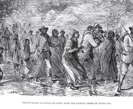 A drawing showing men women and children escaping during a storm.