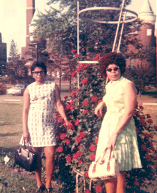 Two woman wearing sleeveless sundresses pose by a resplendent red rose bush.