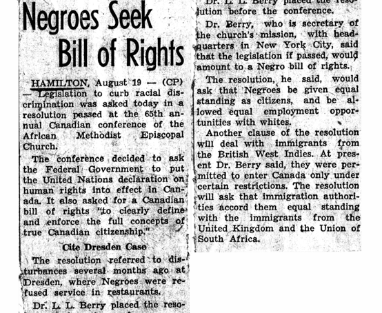 Newspaper clipping with the headline, Negroes Seek Bill of Rights.
