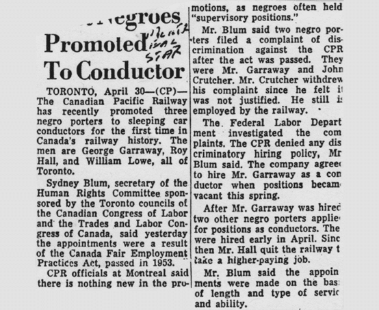 Newspaper clipping about the first Black porters hired as conductors in all of North America.