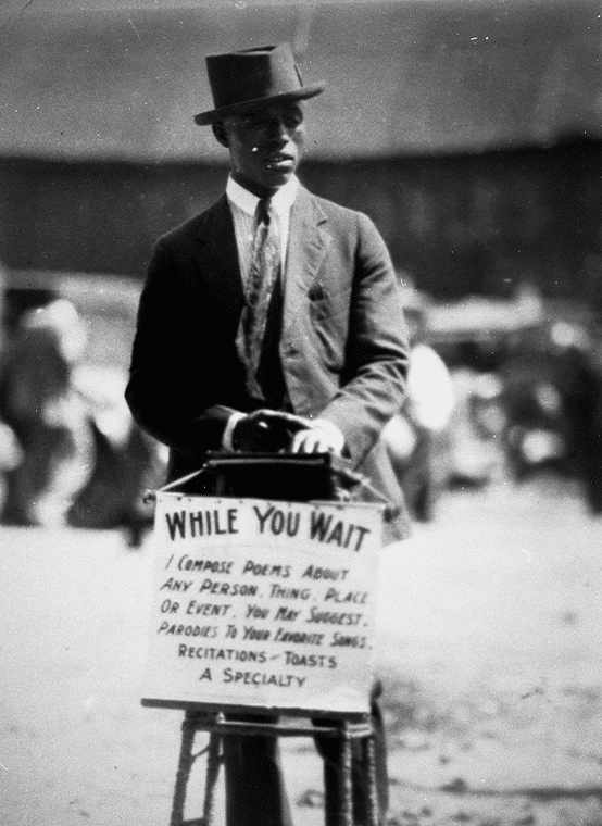A young gentleman advertising his on-the-spot poetry skills.