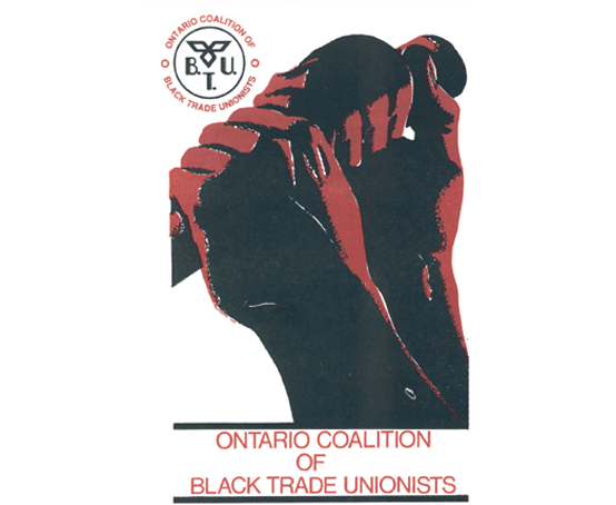 Pamphlet with an image of two hands clasping a lever and logo for the Coalition of Black Trade Unionists.