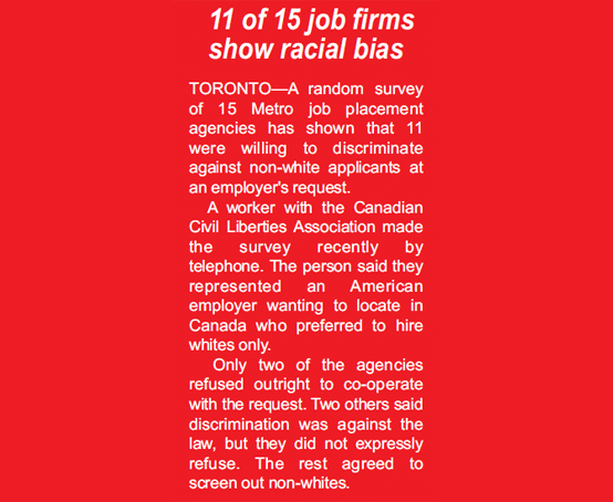 Article titled 'Eleven of fifteen job firms show racial bias.'