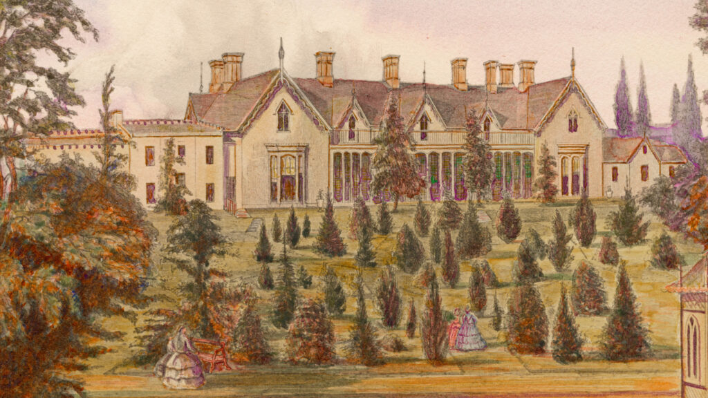 Coloured illustration of the Auchmar manor and its tree-lined grounds, 1861