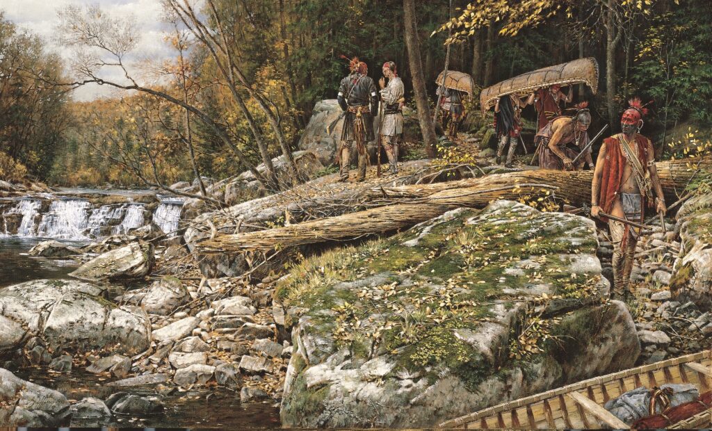 Image of Haudenosaunee men with two canoes performing a portage.