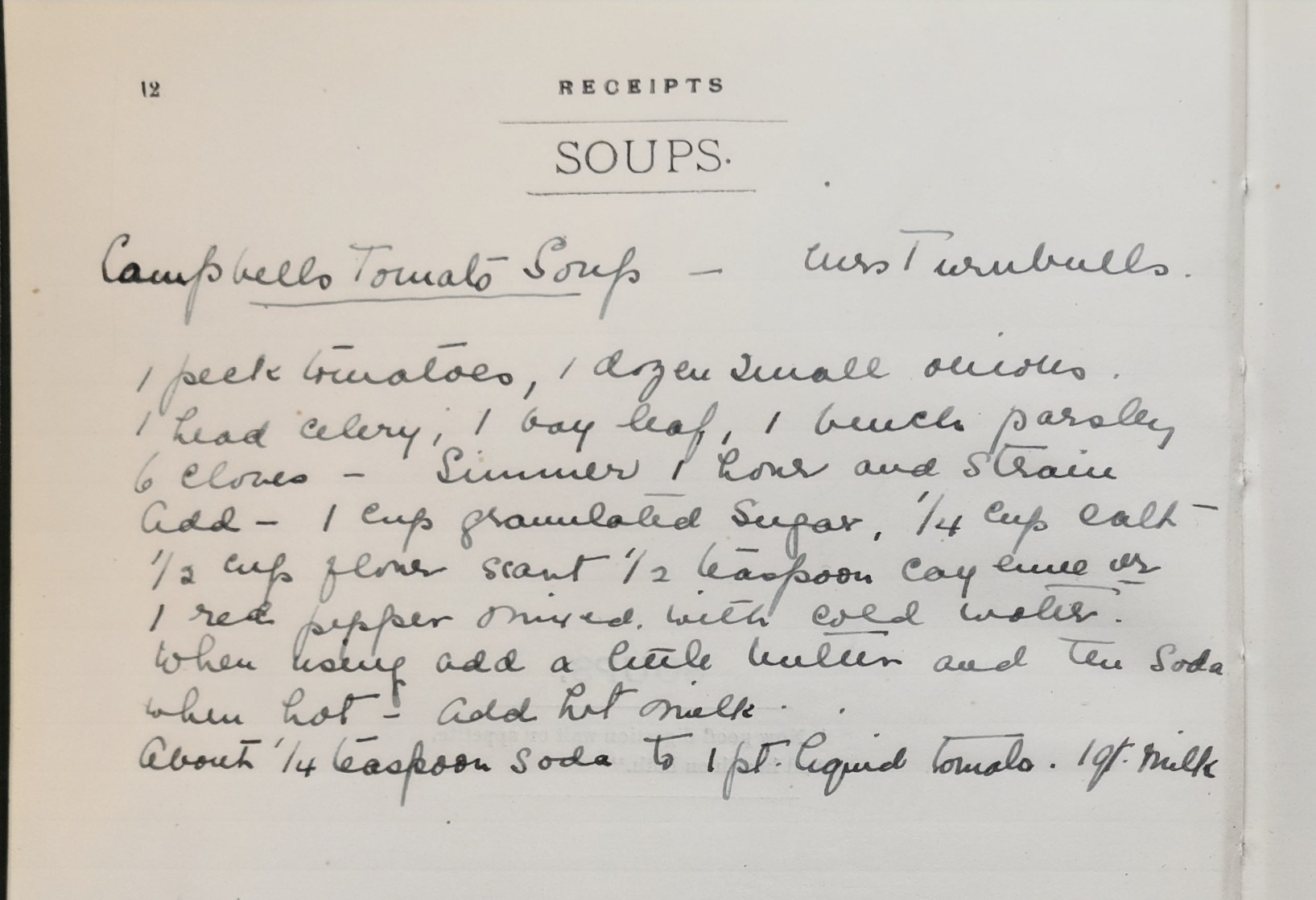 A scan of a hand written recipe for tomato soup