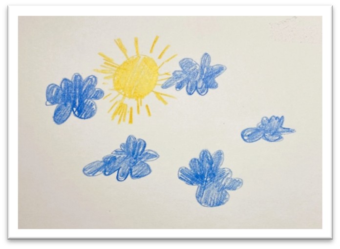 A child's drawing of a yellow sun and 5 blue clouds on white paper