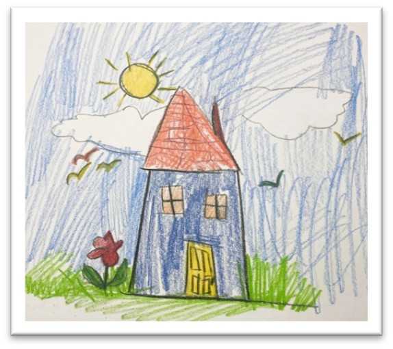 A child's drawing of a blue hose with a red roof, yellow windows and door. It is drawn using pencil crayon.