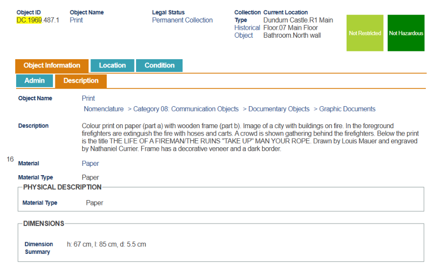 A screenshot of a webpage: a content management system called Argus, showing the name, object ID, description, material type, and dimensions of a framed print.