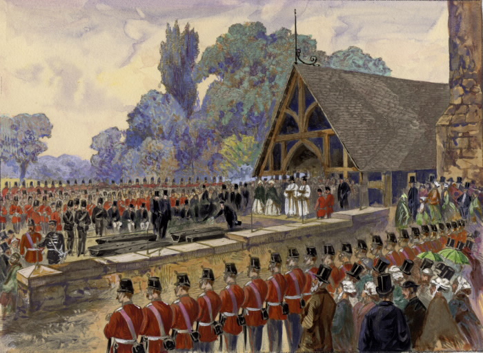 An illustration of a funeral service in 1866. Soldiers in red coats stand in lines around several plain caskets.