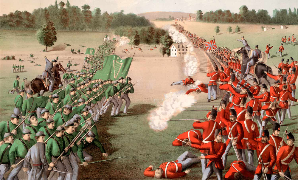An illustration of two lines of soldiers facing each other. The left wears green jackets and flies a green flag with a gold harp. The right side wear red jacket and flies a union jack flag. They are firing muskets at each other in a field.