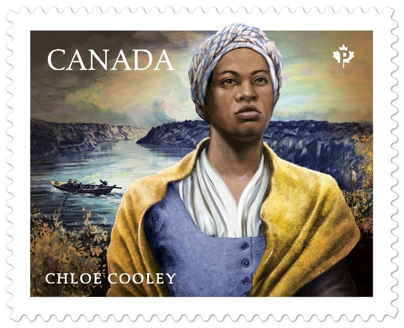 An illustration of a black woman wearing a white head scarf and yellow shawl over a grey dress with a river in the background. This is a postage stamp with white trim and the word "CANADA" in the top left and "Chloe Cooley" in the bottom left.