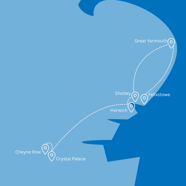 A graphic of a map with places in England pinned. The places are: Cheyne Row, Crystal Palace, Harwich, Shotley, Great Yarmouth, and Felixstowe