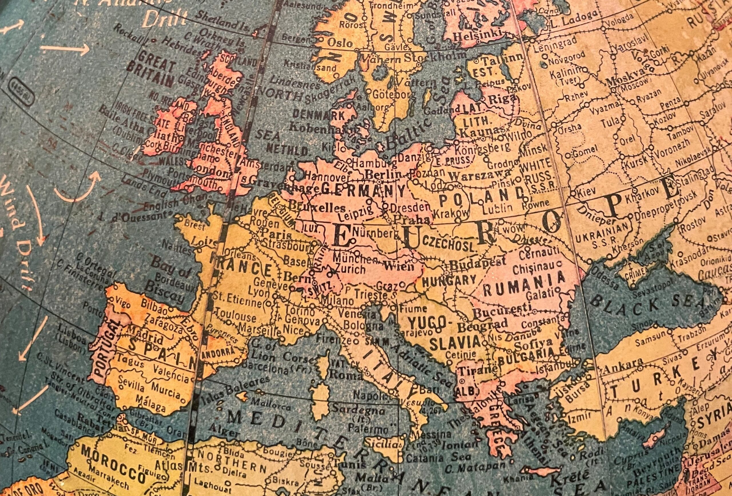 A close up of a vintage globe from 1939, cropped to show Europe.