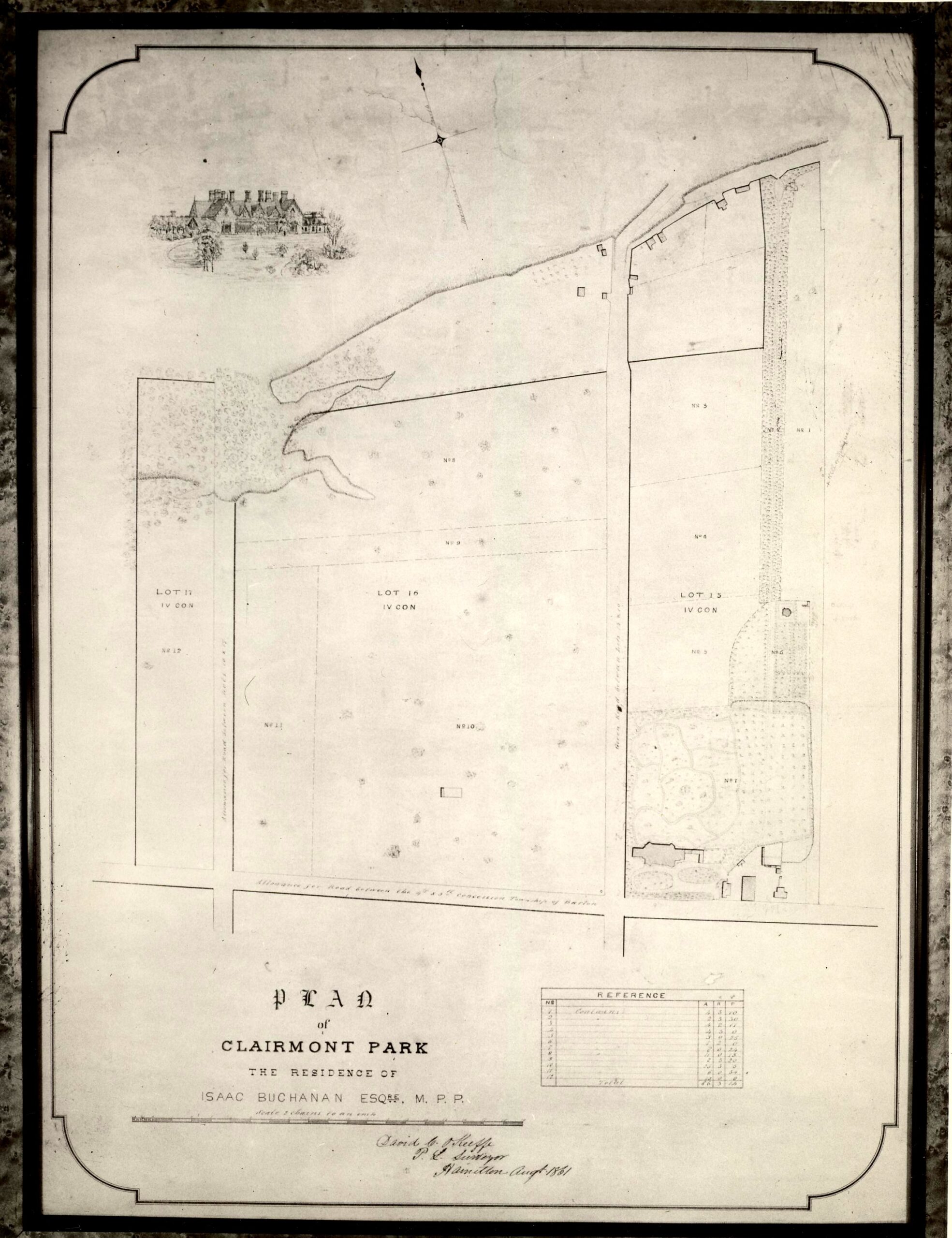 A scan of a very old map of the property as it was in the 1860s. An illustration of the house is in the upper left (northwest) corner. The actual location of the house on the map is the lower right (southeast) corner of the property.
