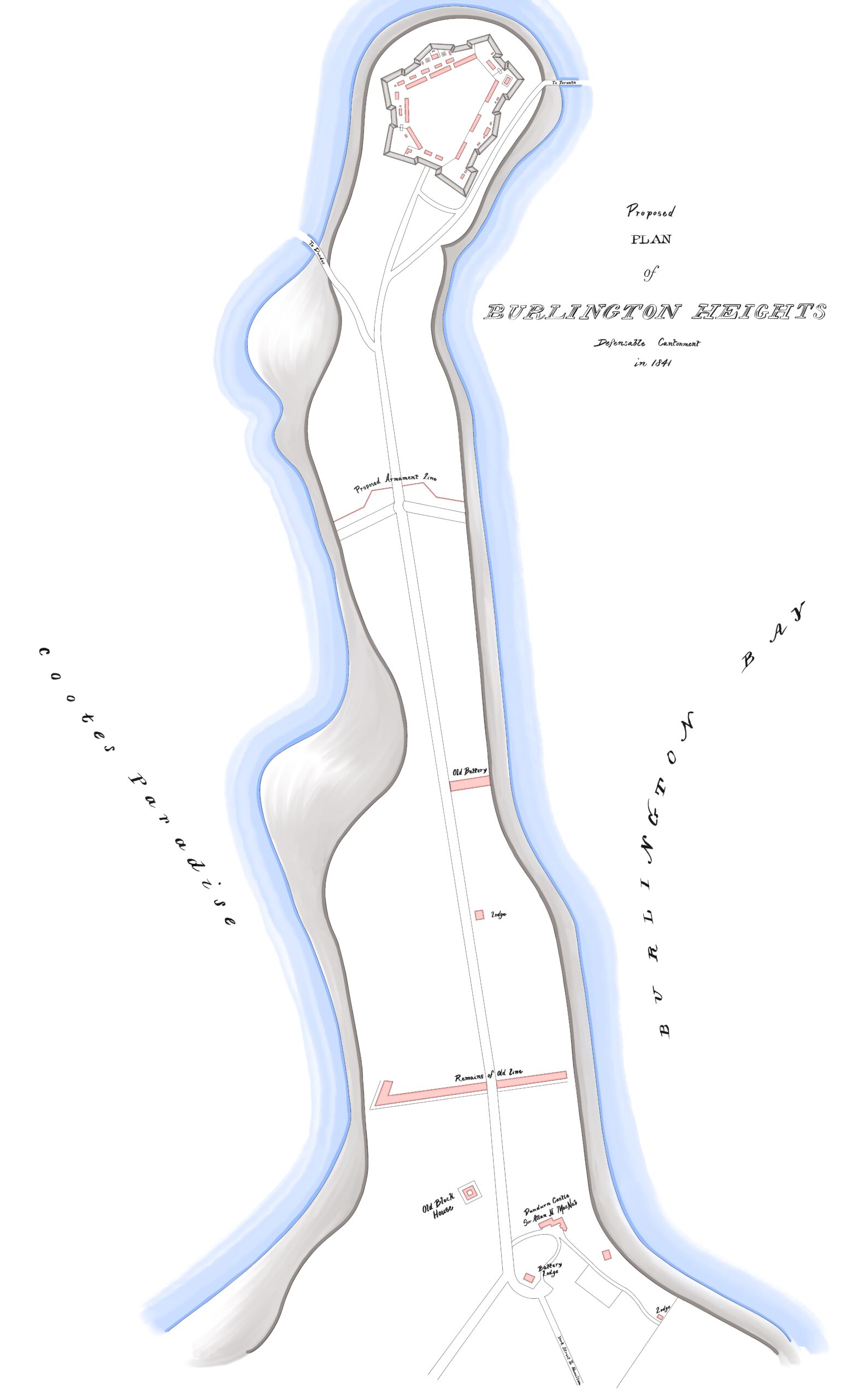 A map showing the proposed plan for Burlington Heights in 1841. It shows a ling skinny peninsula. At north end is a pentagonal fortification with a few fortifications running east to west across the narrow peninsula. At the south end it widens out around Dundurn Castle.