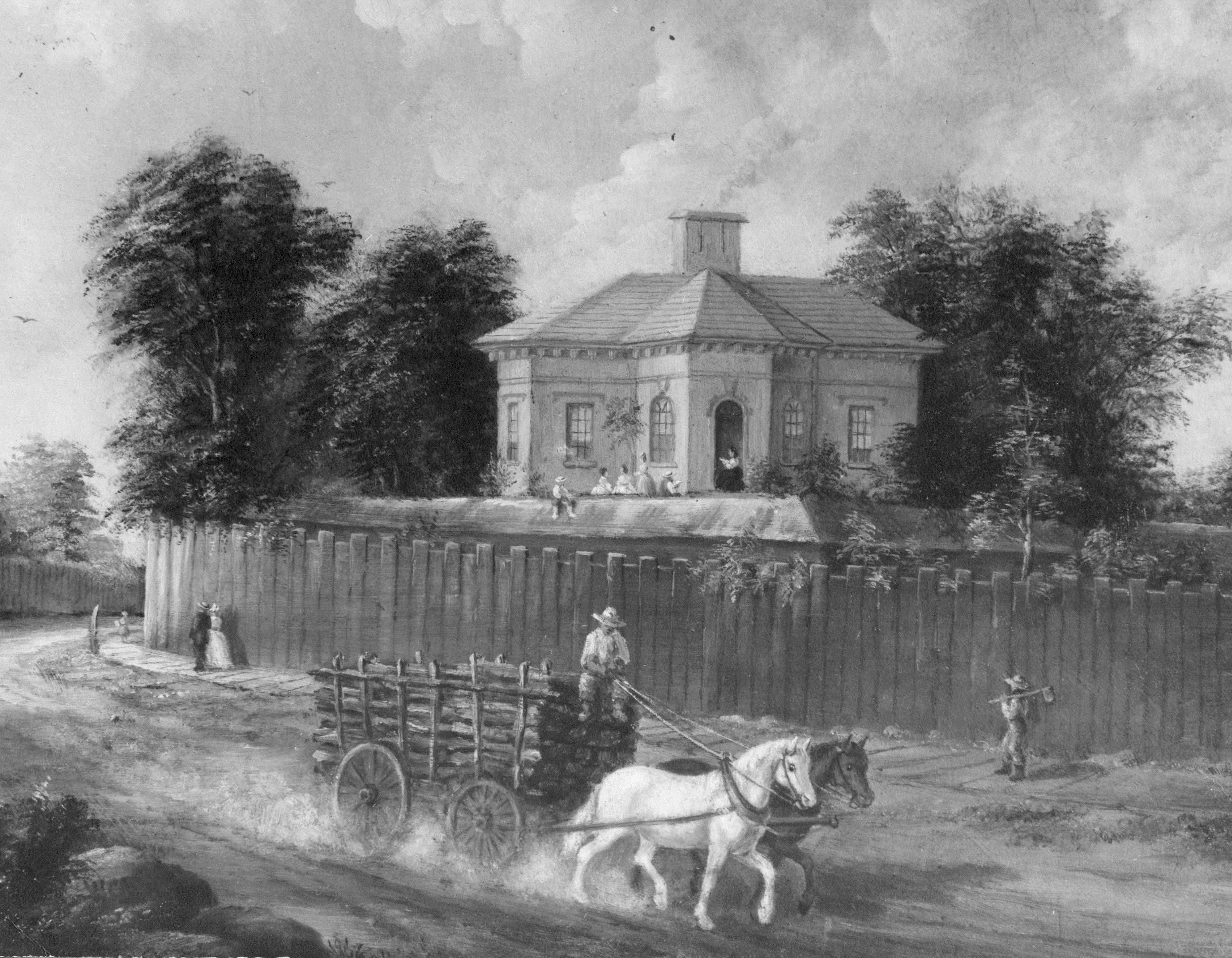 A black and white engraving of Battery Lodge. It is a small one story building flanked by trees on top of a small hill. At the base of the hill is a wooden fence behind a dirt road with a man in a cart pulled by two horses. A few people walk along the road.