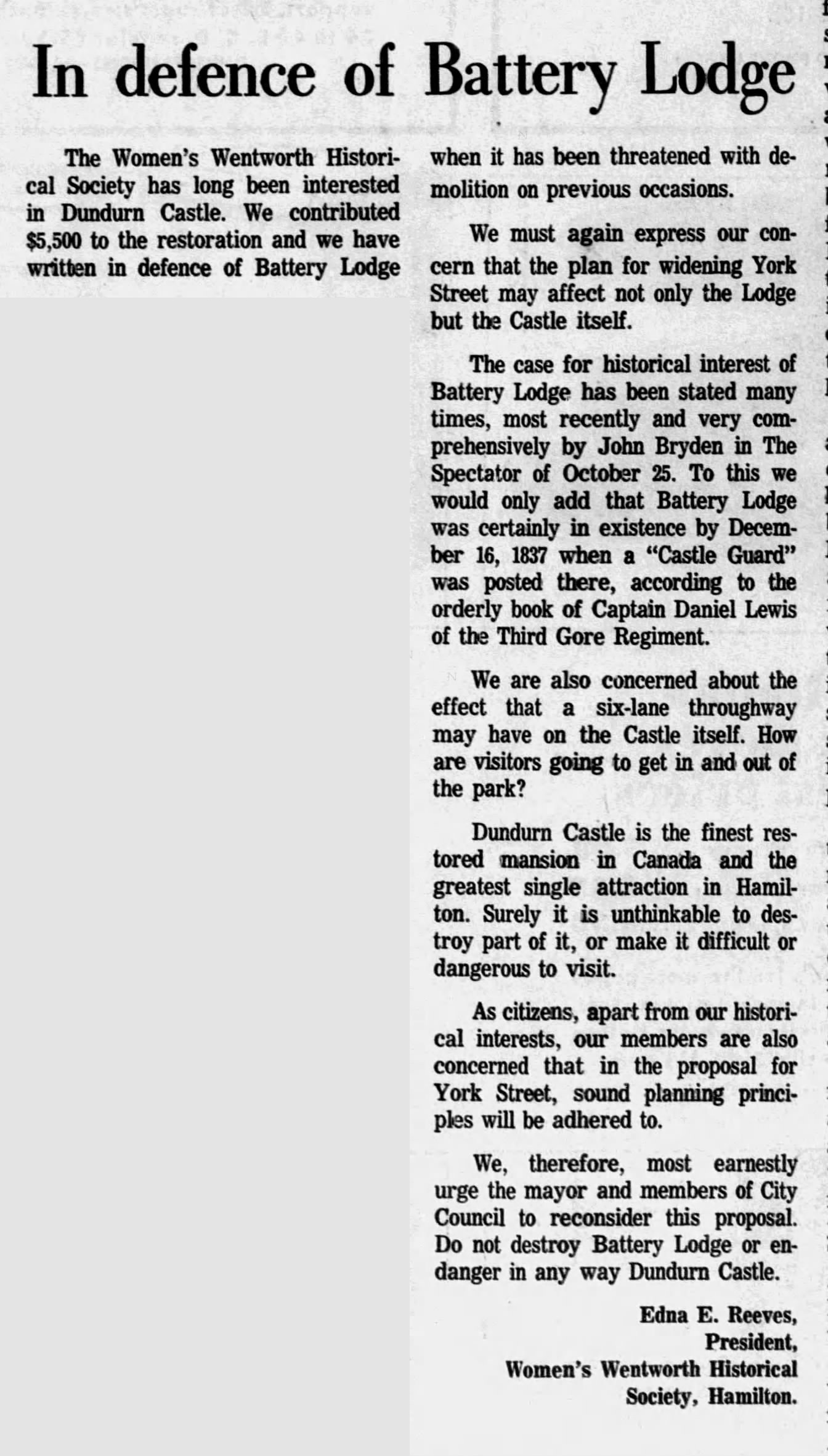 A clipping of a newspaper article from 1971 titled "In defence of Battery Lodge". It is from the president of the Women's Wentworth Historical Society, asking that the mayor and city council reconsider the demolition of Battery Lodge.